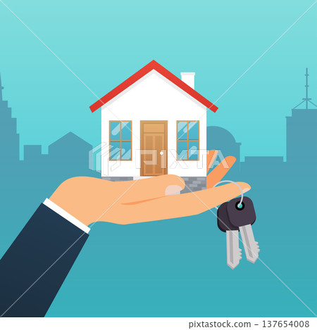 Real estate agent holds the key from the home. Offer of purchase house, rental of Real Estate. Flat design modern vector illustration concept. Real estate agent holds the key from the home. Offer of purchase house, rental of Real Estate. Flat design modern vector illustration concept. 137654008