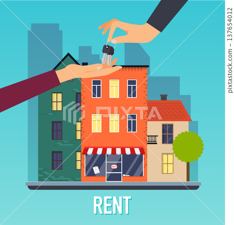 Real estate agent hand giving key to home buyer. Offer of purchase house, rental of Real Estate. Flat design modern vector illustration concept. Real estate agent hand giving key to home buyer. Offer of purchase house, rental of Real Estate. Flat design modern vector illustration concept. 137654012