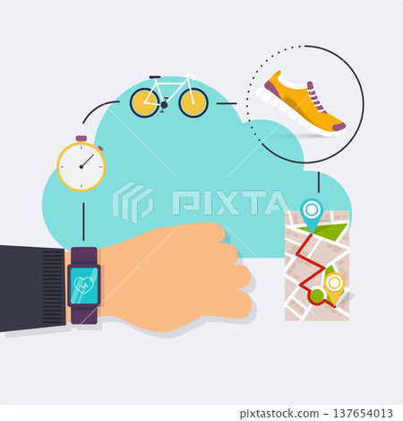 Hand holding mobile smart phone app with track displayed with route. Vector fitness route tracking concept illustration. Flat design modern vector illustration concept. 137654013