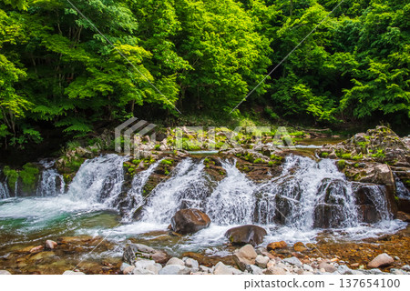 Hirataki Waterfall, a stream-side road in the fresh greenery (Kiyomi-cho, Takayama City, Gifu Prefecture) Hirataki Waterfall, a stream-side road in the fresh greenery (Kiyomi-cho, Takayama City, Gifu Prefecture) 137654100