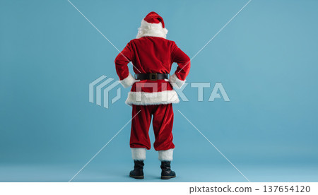 Santa Claus stands with hands on hips against a blue background during holiday preparations in December Santa Claus stands with hands on hips against a blue background during holiday preparations in December 137654120