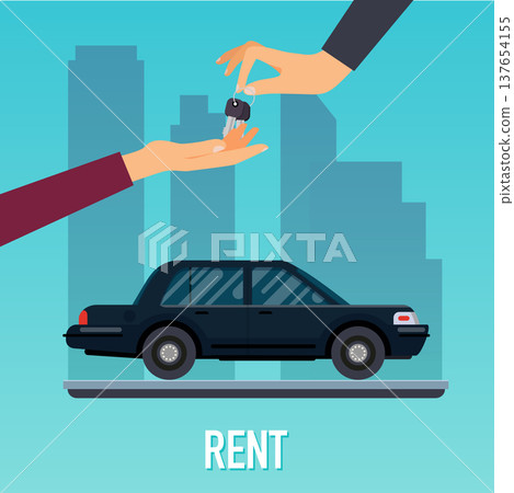 Car seller hand giving key to buyer. Selling, leasing or renting car service. Flat design modern vector illustration concept. Car seller hand giving key to buyer. Selling, leasing or renting car service. Flat design modern vector illustration concept. 137654155