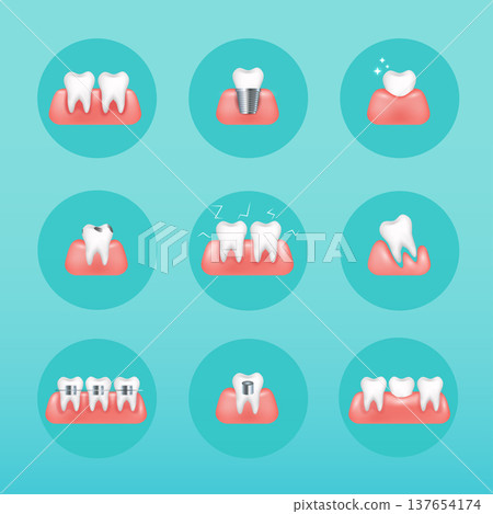 Types of dental clinic services. Stomatology and dental procedures flat icons. Toothcare vector illustration. Flat design style modern vector illustration concept. Types of dental clinic services. Stomatology and dental procedures flat icons. Toothcare vector illustration. Flat design style modern vector illustration concept. 137654174