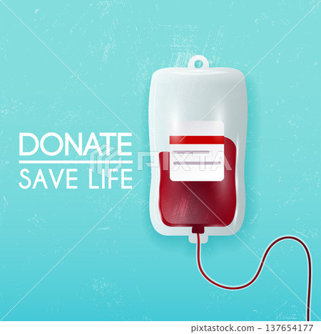 Donate blood bag on blue background. Vector 3d illustration. 137654177