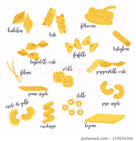 Vector illustration set of different types of pasta. Vector illustration set of different types of pasta. 137654208