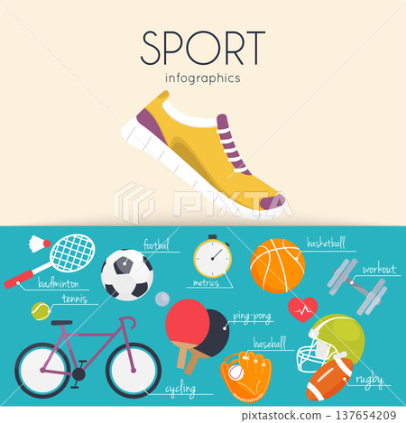 Concept of sport infographics. Icons for web: fitness, sport equipment and metrics. Flat design vector illustration. 137654209