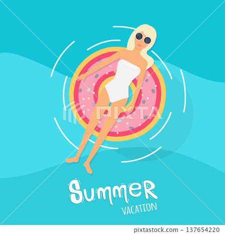 Woman in swim suit lying on floating swimming pool mattress. Summer time. 137654220