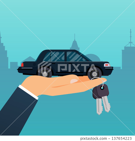 Car seller hand holding key to buyer. Selling, leasing or renting car service. Flat design modern vector illustration concept. Car seller hand holding key to buyer. Selling, leasing or renting car service. Flat design modern vector illustration concept. 137654223