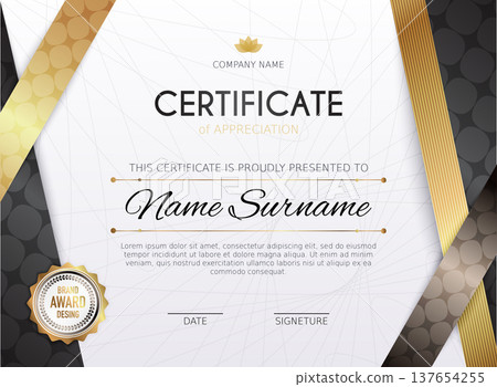 Certificate template with golden decoration element. Design diploma graduation, award. Vector illustration. 137654255