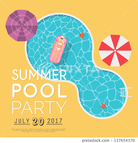 Summer pool party invitation. Flyer or banner template. Flat design elements, minimalist style. Vector illustration. Summer pool party invitation. Flyer or banner template. Flat design elements, minimalist style. Vector illustration. 137654370
