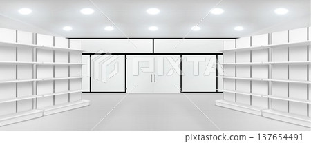 Shopping mall aisle with shelf mockup for branding Shopping mall aisle with shelf mockup for branding 137654491