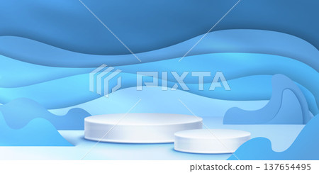 Two round podiums on papercut wave background 137654495