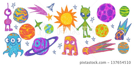 Set of childish crayon space objects and aliens Set of childish crayon space objects and aliens 137654510