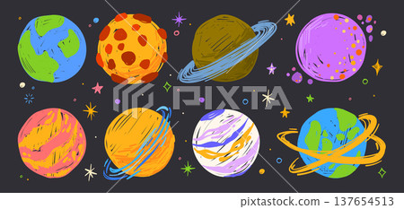 Planet crayon doodles with colorful space elements 137654513
