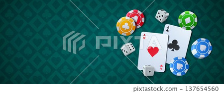 Casino poker cards, dices, chips on gaming table Casino poker cards, dices, chips on gaming table 137654560