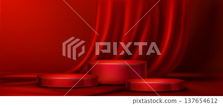 Red podium with scarlet velvet curtain frame 137654612