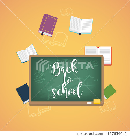 Back to school illustration with books and formulas on the background. Flat design modern vector illustration concept. 137654641