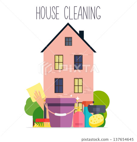 House Cleaning. Poster template for house cleaning services with various cleaning tools. Flat design modern vector illustration concept. House Cleaning. Poster template for house cleaning services with various cleaning tools. Flat design modern vector illustration concept. 137654645