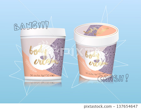 Mockup of realistic 3d cosmetics products for your design, on a background cartoon leaf. Vector illustration. Mockup of realistic 3d cosmetics products for your design, on a background cartoon leaf. Vector illustration. 137654647