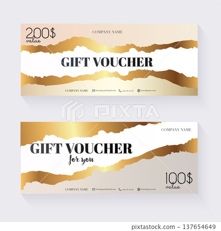 Voucher template with gold gift box,certificate. Background design coupon, invitation, currency. Vector illustration. 137654649