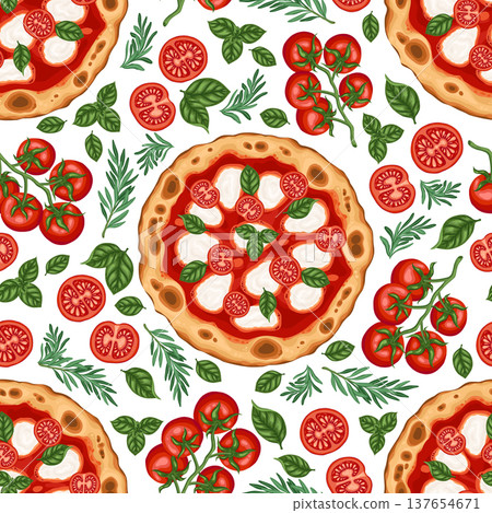 Pizza Napolitana with tomato vector seamless pattern. Hand drawn top view art on white background. Traditional italian food for pizzeria menu design. Culinary kitchen ornament for paper and textile. Pizza Napolitana with tomato vector seamless pattern. Hand drawn top view art on white background. Traditional italian food for pizzeria menu design. Culinary kitchen ornament for paper and textile. 137654671