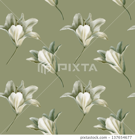White lilies arranged in seamless pattern,symbolizing purity for first communion,weddings,funeral ceremonies.Watercolor washes,delicate details for religious events,memorials,sacred stationery 137654677