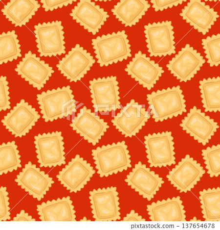 Ravioli pasta vector seamless pattern. Hand drawn agnolotti scattered on red background. Traditional italian food for restaurant menu design. Culinary kitchen ornament for wallpaper and packaging. 137654678