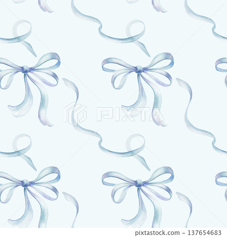 Elegant double silk bow and flowing satin ribbons in soft blue color in seamless pattern.Delicate watercolor washes,for luxury branding,wedding decor,and feminine fashion projects Elegant double silk bow and flowing satin ribbons in soft blue color in seamless pattern.Delicate watercolor washes,for luxury branding,wedding decor,and feminine fashion projects 137654683