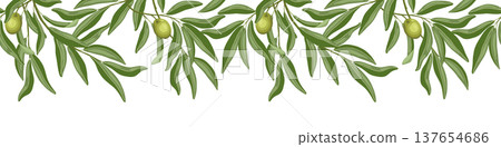 Olive branches with fruit seamless border. Upper vector hand drawn divider illustration for cafe and restaurant template. Italian food cartoon repeat drawing perfect for product packaging graphic. 137654686