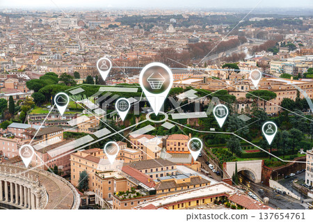 View of Rome with digital shopping icons displayed over the city landscape and key locations View of Rome with digital shopping icons displayed over the city landscape and key locations 137654761