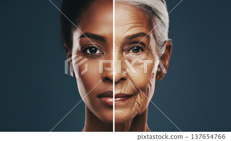 High contrast portrait showing a younger woman and an older woman side by side to highlight age differences in human features 137654766