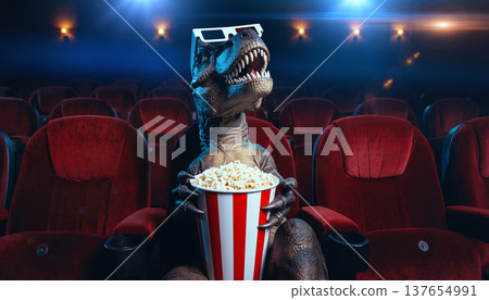 Dinosaur watches movie in theater while sitting in red seat and eating popcorn 137654991
