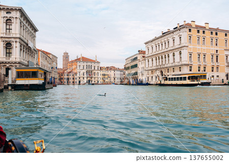 View of buildings along a canal in Venice with a bird swimming in the water View of buildings along a canal in Venice with a bird swimming in the water 137655002