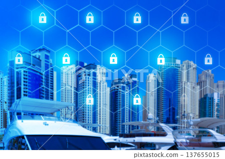 Digital security symbols over marina with boats and city skyline in the background 137655015