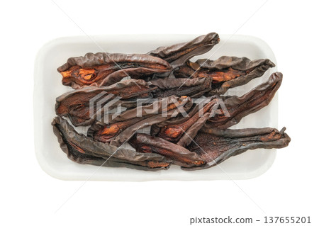 Dried pears in a white container isolated on a white background. Ingredient for preparing a freeze-dried breakfast and other dishes. Top view. 137655201