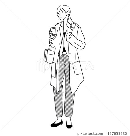 一位女士手捧咖啡,身穿休閒風衣,黑白線條插畫。 一位女士手捧咖啡,身穿休閒風衣,黑白線條插畫。 137655380