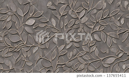 A dark gray texture background with a subtle botanical relief pattern of vines and leaves. The minimalist design creates an elegant contemporary wall art effect. AI Generated A dark gray texture background with a subtle botanical relief pattern of vines and leaves. The minimalist design creates an elegant contemporary wall art effect. AI Generated 137655411