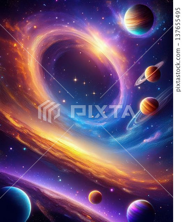 一幅引人入勝的遙遠星系景象，以鮮豔的紫色、藍色和金色描繪而成。 137655495