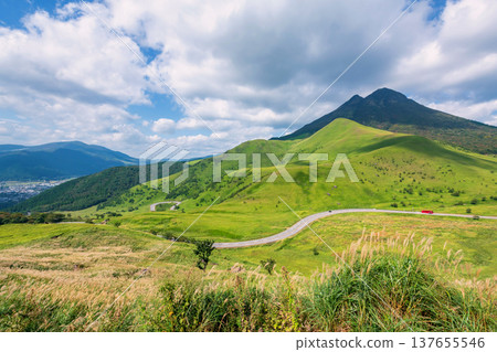 Aerial view of car and bus on silky road by Mount Yufu, Yufuin 137655546