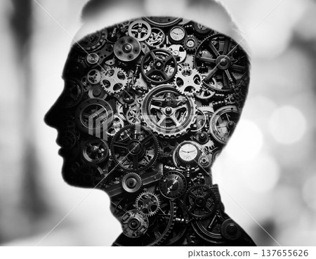 Double exposure of a human silhouette filled with gears shows the complexity of thought and machinery in a creative display of art Double exposure of a human silhouette filled with gears shows the complexity of thought and machinery in a creative display of art 137655626