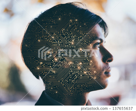 Double exposure of a person with circuit patterns on the face, blending technology and human features in an urban setting 137655637