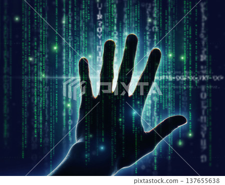 Hand reaching through digital code in a creative double exposure at night showcasing technology and human connection Hand reaching through digital code in a creative double exposure at night showcasing technology and human connection 137655638