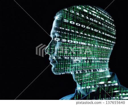 Digital transformation in human form with dual imagery and code patterns creating a modern look 137655640