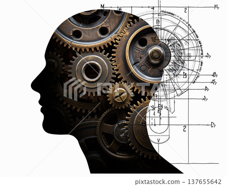 Creative double exposure showing a human head filled with gears and engineering drawings 137655642