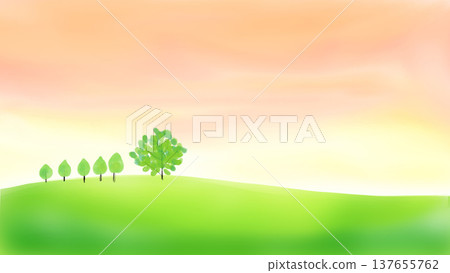 Sunset over a grassland and hill with trees - Illustration background material Sunset over a grassland and hill with trees - Illustration background material 137655762