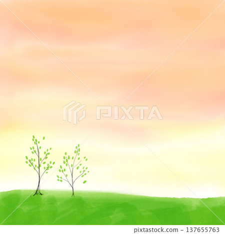 Landscape of a grassland and hill with trees at sunset; watercolor illustration of trees; background material. Landscape of a grassland and hill with trees at sunset; watercolor illustration of trees; background material. 137655763