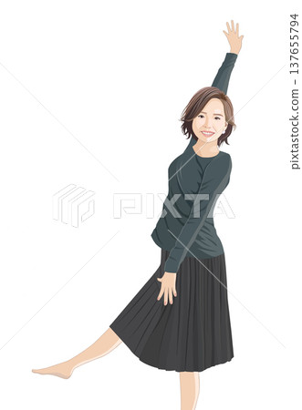 Illustration of an adult woman dancing with a smile. 137655794