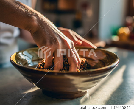 Hands mixing ingredients in a bowl on a kitchen counter during afternoon light 137655845