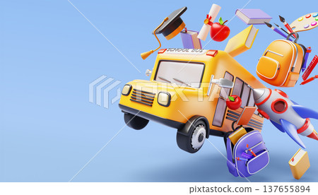 Back to school 3d banner with flying yellow bus, backpack, books, rocket, stationery supplies, graduation cap and paper diploma on blue background. Welcome education poster template. 3D illustration Back to school 3d banner with flying yellow bus, backpack, books, rocket, stationery supplies, graduation cap and paper diploma on blue background. Welcome education poster template. 3D illustration 137655894