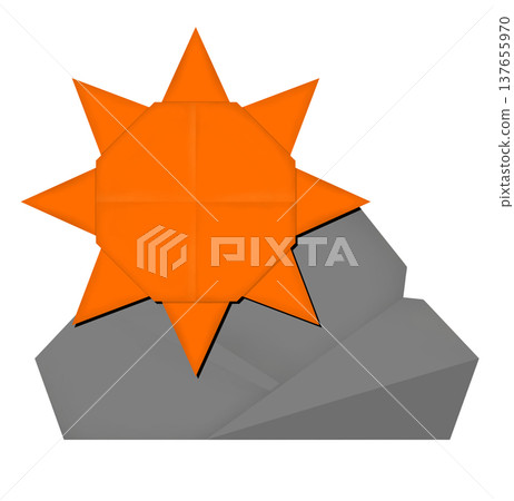 An illustration of the sun peeking out from clouds made of dark gray and orange origami paper. An illustration of the sun peeking out from clouds made of dark gray and orange origami paper. 137655970